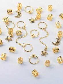 30件套开斋节金色星月流苏装饰套装，波西米亚风可爱嘻哈发夹、发带、发圈、编发配饰，开斋节礼物，派对装饰 - 金色 - 查看 2