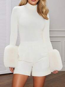 Áo liền thân dài tay thời trang nữ, làm từ polyester, thiết kế cổ đứng với cổ tay áo giả lông sành điệu, co giãn và thoải mái. - trắng - Xem 7