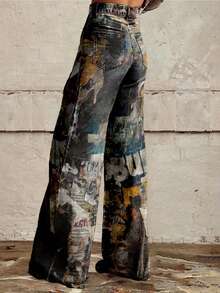 [Imitation Denim][Imitation Denim]Women'S High-Waisted Wide Leg Tapered Floor Pants - Vintage Newspaper Print Faux Denim Texture, Loose Fit Straight Leg Trousers With Beltless Design & Functional Pockets, Distressed Pocket Trousers - 黑色 - 查看 2
