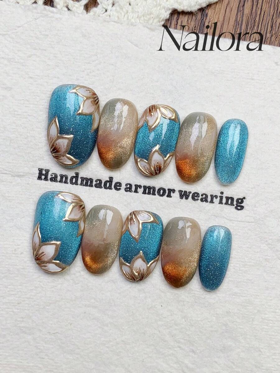 10 móng tay giả thủ công hình oval, móng acrylic dán ngắn, móng màu xanh lam tối giản, móng gradient, móng mắt mèo bóng bẩy, móng hoa kim loại đơn giản vẽ tay, đính kim cương nhỏ, móng mùa xuân thanh lịch sang trọng, móng dán mùa hè tối giản, móng giả đa năng tự làm nghệ thuật móng tay, phù hợp cho tiệc tùng, hàng ngày và hẹn hò, thích hợp sử dụng trong môi trường công sở, có thể tái sử dụng, làm quà tặng cho phụ nữ và bé gái, dụng cụ làm móng thủ công. - Nhiều màu - Xem 1