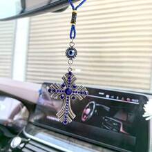 1件装时尚邪眼绿松石蓝眼睛水钻装饰十字架吊坠，汽车幸运饰品 - A - 查看 5