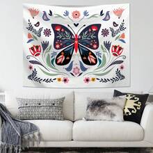 1pc Butterfly & Flower Print Tapestry, Polyester Hanging Wall Decor For Living Room, Bedroom, Office, Home Decor, Party, Rectangular Kitchen Wall Hanging Cloth With Drape Effect, Comes With 3 Wall Nails And 2 Clips - Multicolor - View 3
