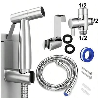 A Complete 304 Stainless Steel Toilet Bidet Set | High-Pressure Nozzle + 59.06-Inch Extendable Hose + No-Drill Bracket | G1/2 Universal Connector, Dual-Control Angle Valve, Ergonomic Handle | Suitable For Bathroom Cleaning, Toilet Flushing, Pet Bathing, And Patio Irrigation.