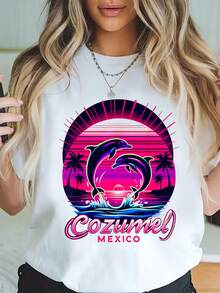 100% Algodón Camiseta Cozumel México Delfines Atardecer Impresión Camiseta de Algodón para Verano, Top de Manga Corta Suave para Mujeres, Camiseta Estilosa y Cómoda para Mujeres Camisetas Gráficas - Blanco - Ver 6