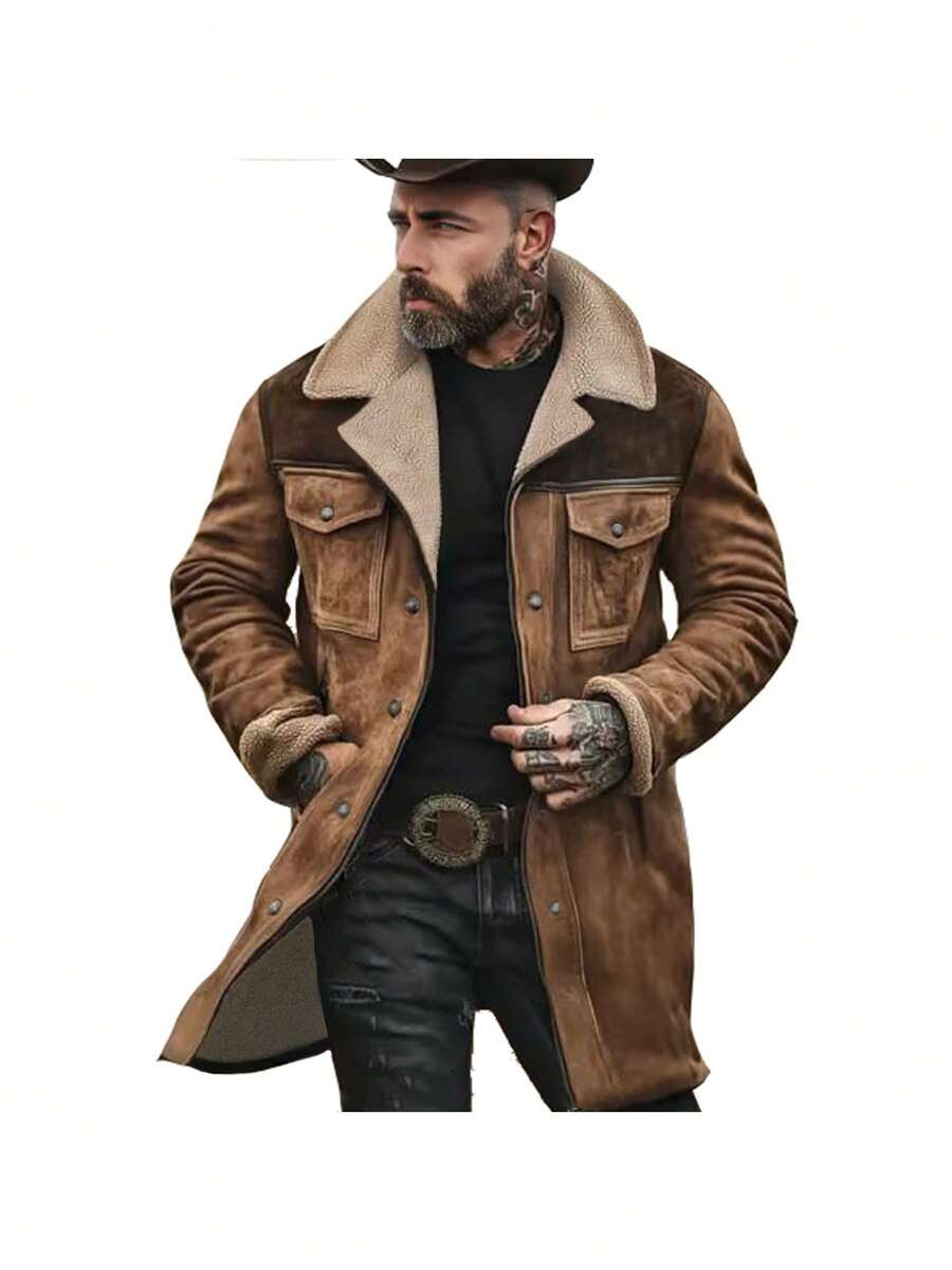 Men's Trench Coat,Men's Autumn/Winter Suede Color-Blocked Jacket With Multiple Pockets And Zipper - Coffee Brown1 - View 1