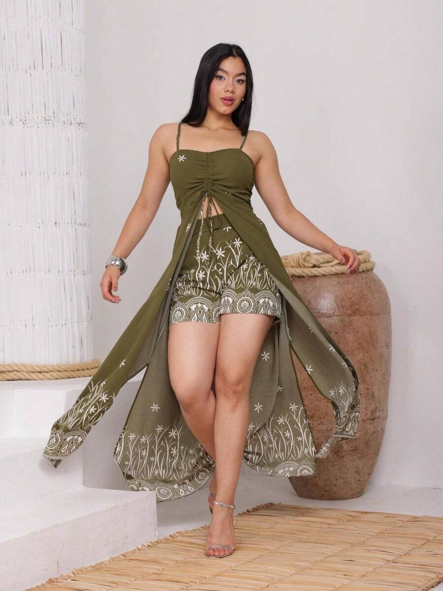 Midi Dress And Shorts Set With Floral Print, Dune Fabric, Padded Cups, Adjustable Straps, And A Front Opening With Ruching. - 查看 1