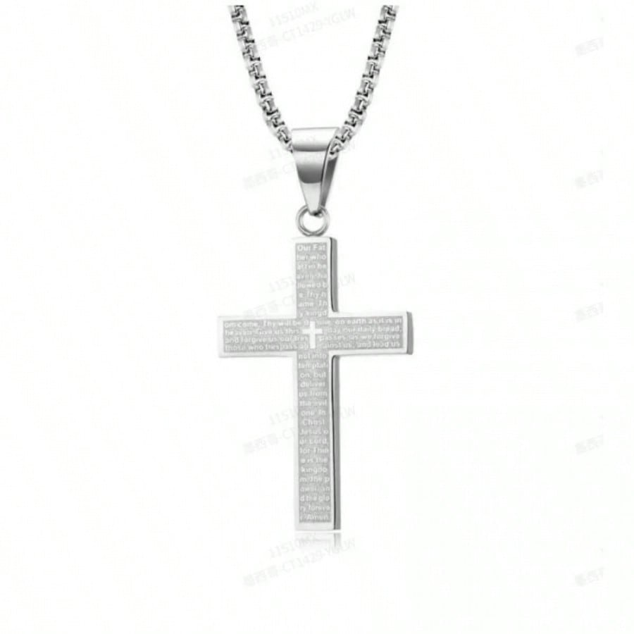 Collar con Colgante de Cruz Chapado en Plata con Grabado del Padre Nuestro