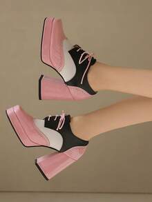 Women's Multi Colored Oxford Shoes Fashion Square Toe Chunky High Heels Platform Brogues Pumps Lace Up Work Office Dress Shoes - 粉色 - 查看 6