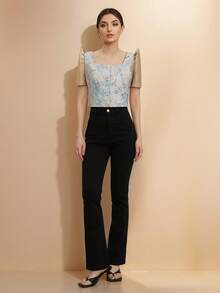 Amyenjoylife Modern Philippine Inspired Elegant Jacquard Short Sleeve Top, Summer - Blue - View 3