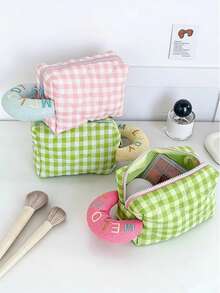 1pc Dopamine Makeup Bag, New Cute Macaron Plaid Cosmetic Bag, High-Quality Student Creative Pencil Case, Large Capacity Quilted Skincare Storage, Portable Travel Waterproof Toiletry Bag, Multi-Functional Large Capacity Women Makeup Bag For Cosmetics, Makeup Brushes, Towel, Toothbrush, Suitable For Daily Outings, Travel, Gift For Girlfriend, Coworker, Best Friend, Holiday, Birthday, Valentine's Day,Pouch,Makeup Pouch,Travel Essential - Multicolor - View 4