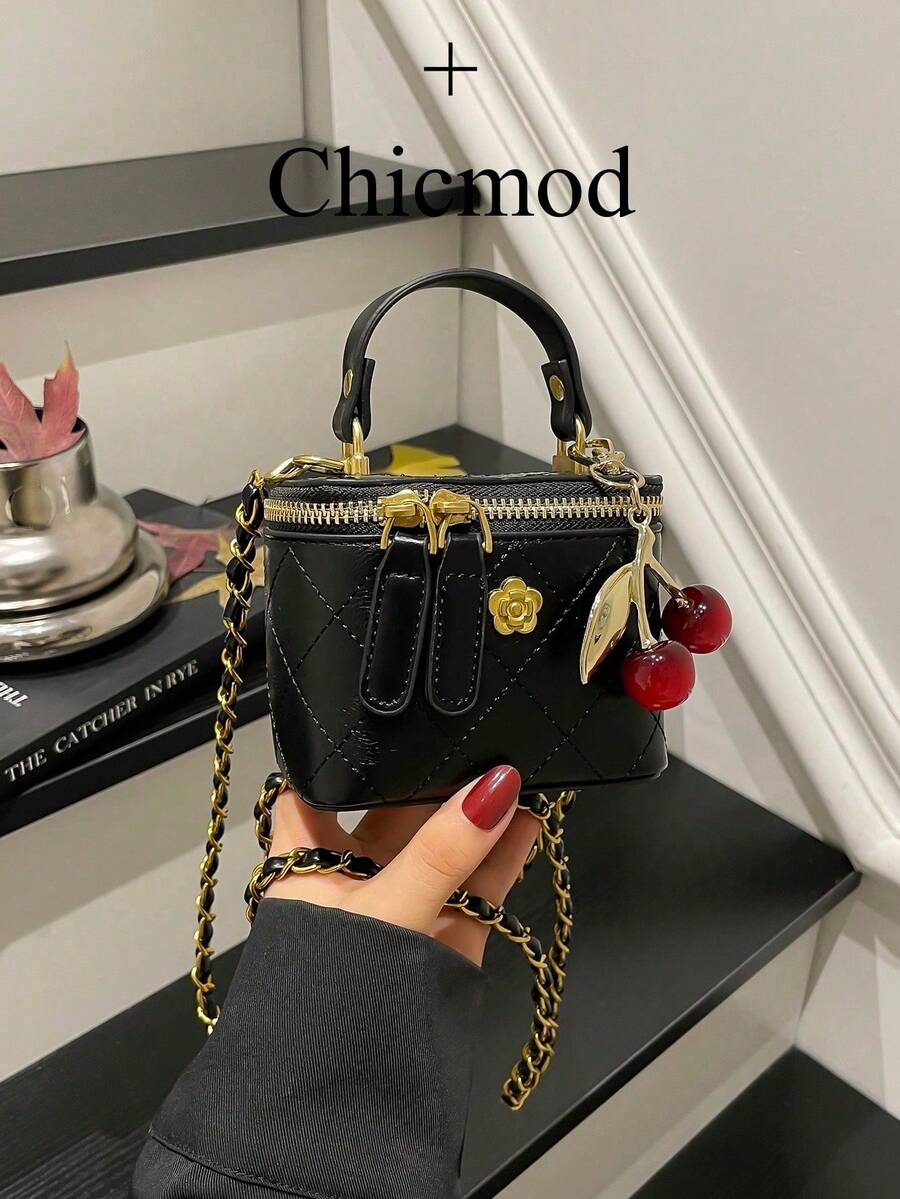 迷你女士菱形刺绣手提包/单肩包，适合购物、钱包、年轻女性、大学生、新婚夫妇、办公室女士。非常适合办公室、大学、工作、商务、通勤、户外活动、旅行和野餐 - 黑色 - 查看 1