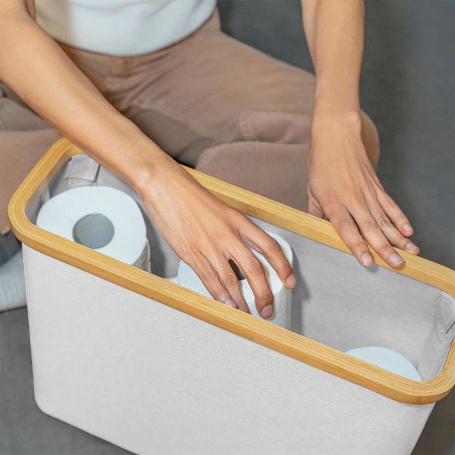 Bamboo Toilet Paper Holder With Cover, Foldable Tissue Box Organizer With Base, Holds Up To 9 Extra Large Toilet Paper Rolls, Laundry Basket - Multicolor - View 1