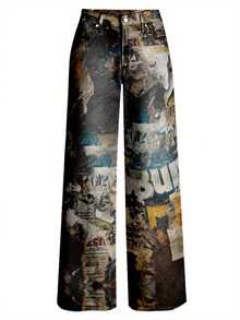 [Imitation Denim][Imitation Denim]Women'S High-Waisted Wide Leg Tapered Floor Pants - Vintage Newspaper Print Faux Denim Texture, Loose Fit Straight Leg Trousers With Beltless Design & Functional Pockets, Distressed Pocket Trousers - 黑色 - 查看 5