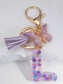 Chaveiro com inicial (1 unidade), pingente de floco de neve em resina, acessório decorativo para bolsas femininas, pingente de borboleta, presente. - Roxa - Ver 20