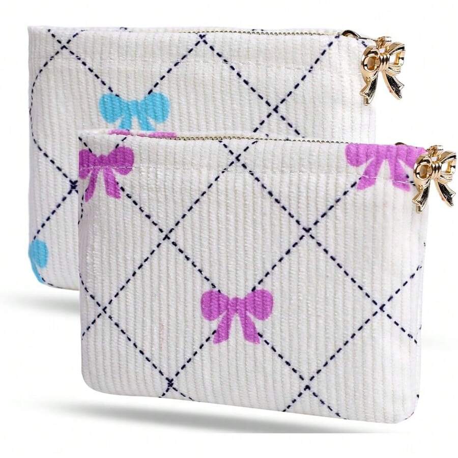 Paquete de 2 monederos, bolsa de pana suave con cierre, mini cambiador para bolsillo, bolsa de monedas pequeña para mujer, soporte para lápiz labial, tarjeta de crédito, Bowknot blue - Lazo azul y morado - Ver 1
