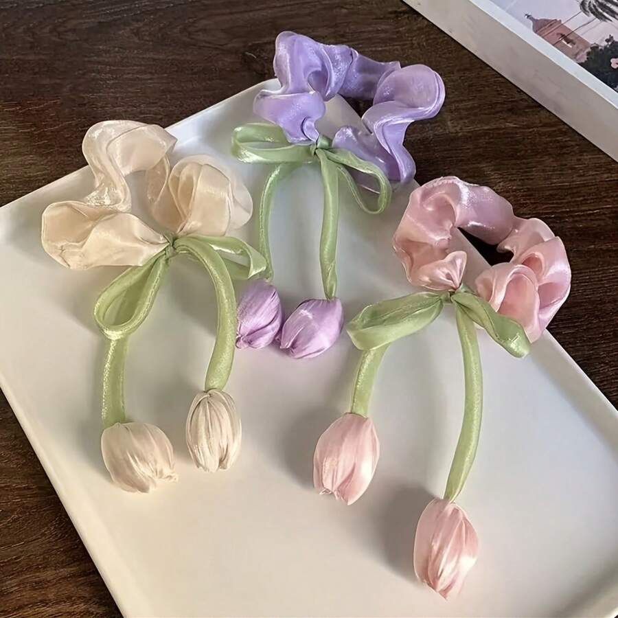 1 pieza Nuevo Scrunchie con flor de tulipán dulce y versátil, accesorio de pelo elegante y de alta gama para coletas altas - Amarillo - Ver 1