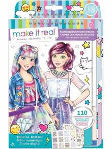 EstiloTendenciaMake It Real: Cuaderno de bocetos de diseño de moda: Sueño digital - Incluye 110 pegatinas y plantillas, dibuja bocetos y crea, libro de colorear de moda, para preadolescentes y niñas, niños de 6+ años Calidad premium Versión mejorada - 1 - Ver 8