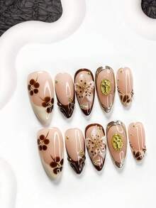 10片装优雅复古美甲贴纸套装，手绘法式美甲图案，金色十字形圆片，手工浅粉色五瓣花（镶嵌金色水钻），纯色水波纹，棕色五瓣花朵美甲贴纸，银色饰边，白色指甲油，包含美甲工具（1个果冻贴纸+1个指甲锉）美甲用品 - 彩色 - 查看 12