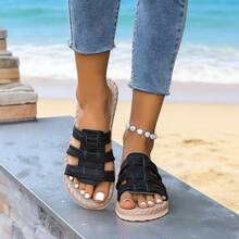 女士时尚镂空编织厚底舒适凉鞋，适合夏季海滩、居家、度假、派对、户外活动等各种场合。 - 黑色 - 查看 17