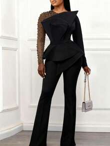 Women's Elegant Pearl-Adorned Jumpsuit - Long Sleeve Formal Party Outfit With Round Neck & Straight Leg Pants, Hand Washable Luxury Evening Gown For Weddings, Galas & Special Occasions, Wedding Attire, Pearl Embellished Dress, Premium Stitching, Delicate Pearl Details, Stylish Top, Fashionforward Women - màu đen - Xem 3