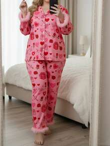 Women Pajama Set, Heart Print Long Sleeve Top With Pants Sleepwear Loungewear For Valentines Day - Pink - View 2