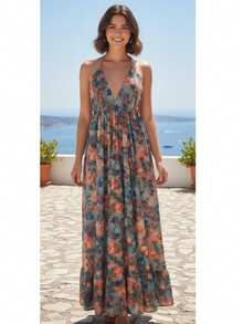 Dress, Random Print, Fabric, Backless / Bare Back, Beach - Verde 3D - Ver 1