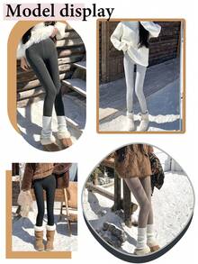 1条300克灰色罗纹连脚紧身裤，高腰显瘦，带保暖内衬，秋冬季 - 300G-厚絨 - 查看 2