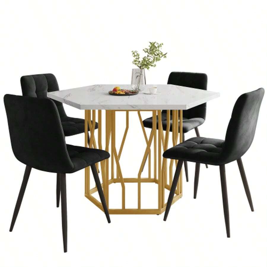 Conjunto de mesa y sillas de comedor (juego de 5 piezas), moderna mesa de comedor hexagonal de mármol + 4 sillas de comedor en terciopelo verde para crear un restaurante cálido y moderno. - Dorado - Ver 1