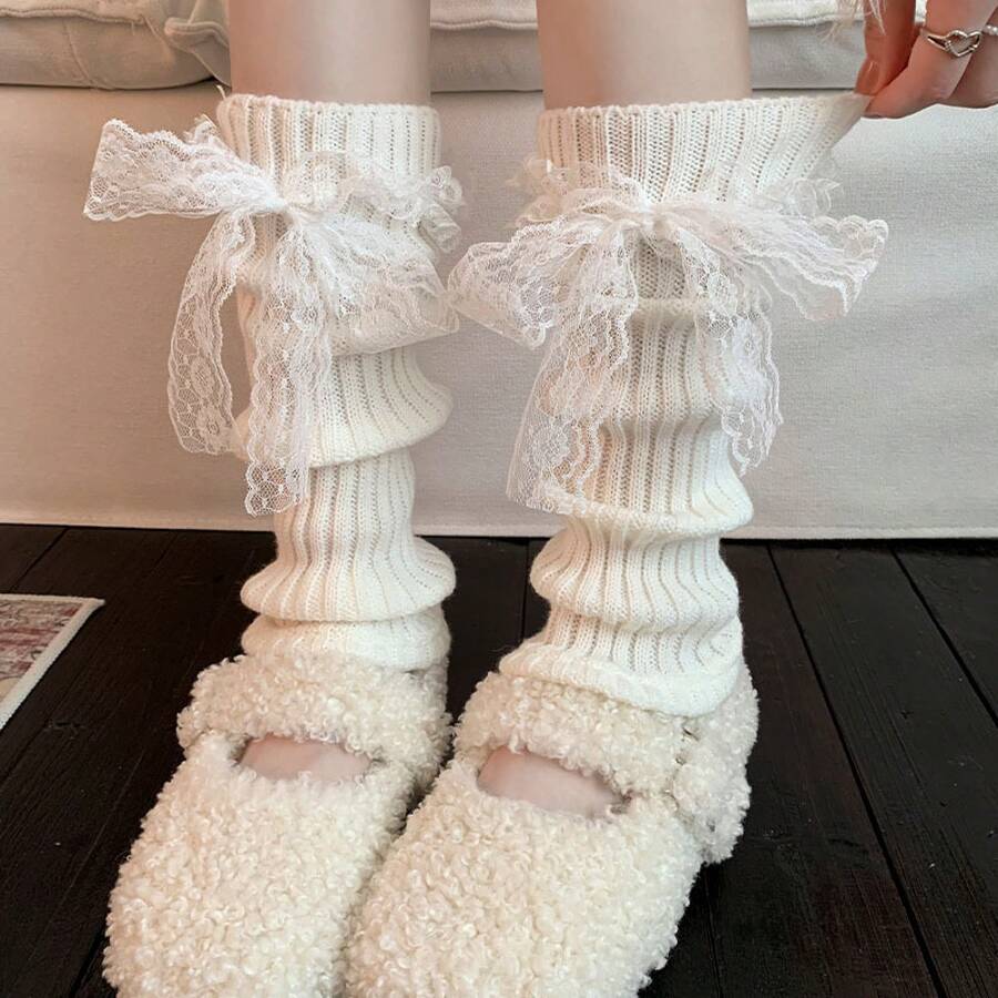 Autumn And Winter Atmosphere Dressing, Layered Socks, Fluttering Straps, Knitted Socks For Women, Cute Calf Stacking Socks For Autumn And Winter - 深灰 - 查看 1