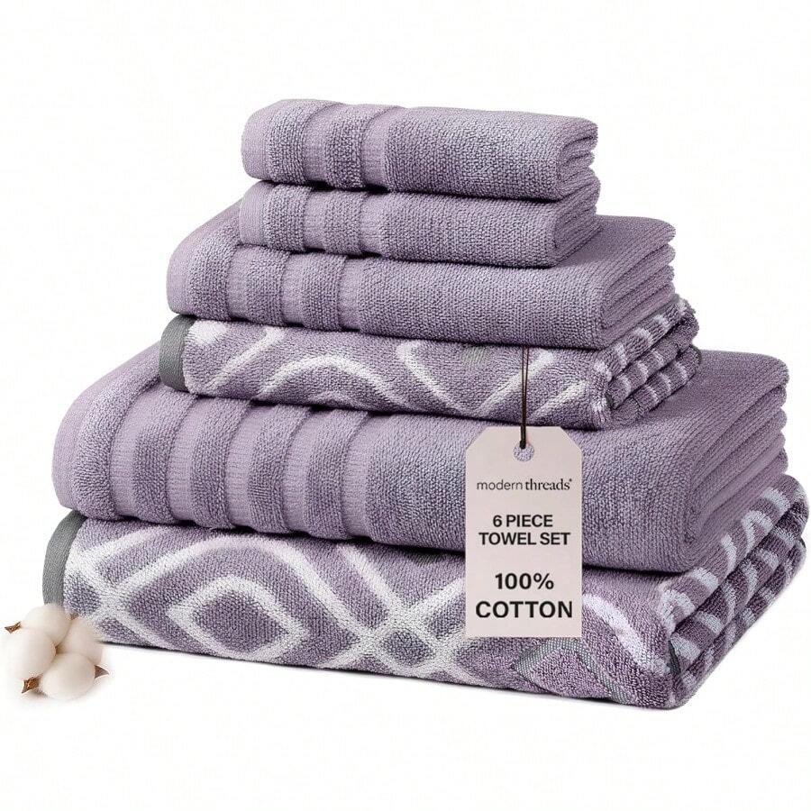 Modern Threads Amrapur Overseas - Juego de Toallas de algodón Peinado de 6 Piezas teñido a Rayas Oxford Jacquard sólido Ultra Suave de 500 g m² 100% [Lavanda Gris] - Lavanda - Ver 1