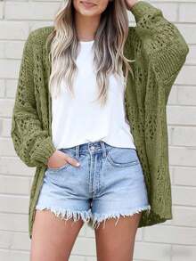 Women's Crochet Cardigan Kimono Boho Solid Color Oversized Open Front Fall Outerwear - Army Green - View 1