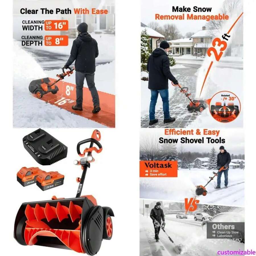 Cordless Snow Removal Tool With Wheels, 48V, 16-Inch, 4-Ah -Powered Snow Blower With Directional Control - Cam và đen - Xem 1