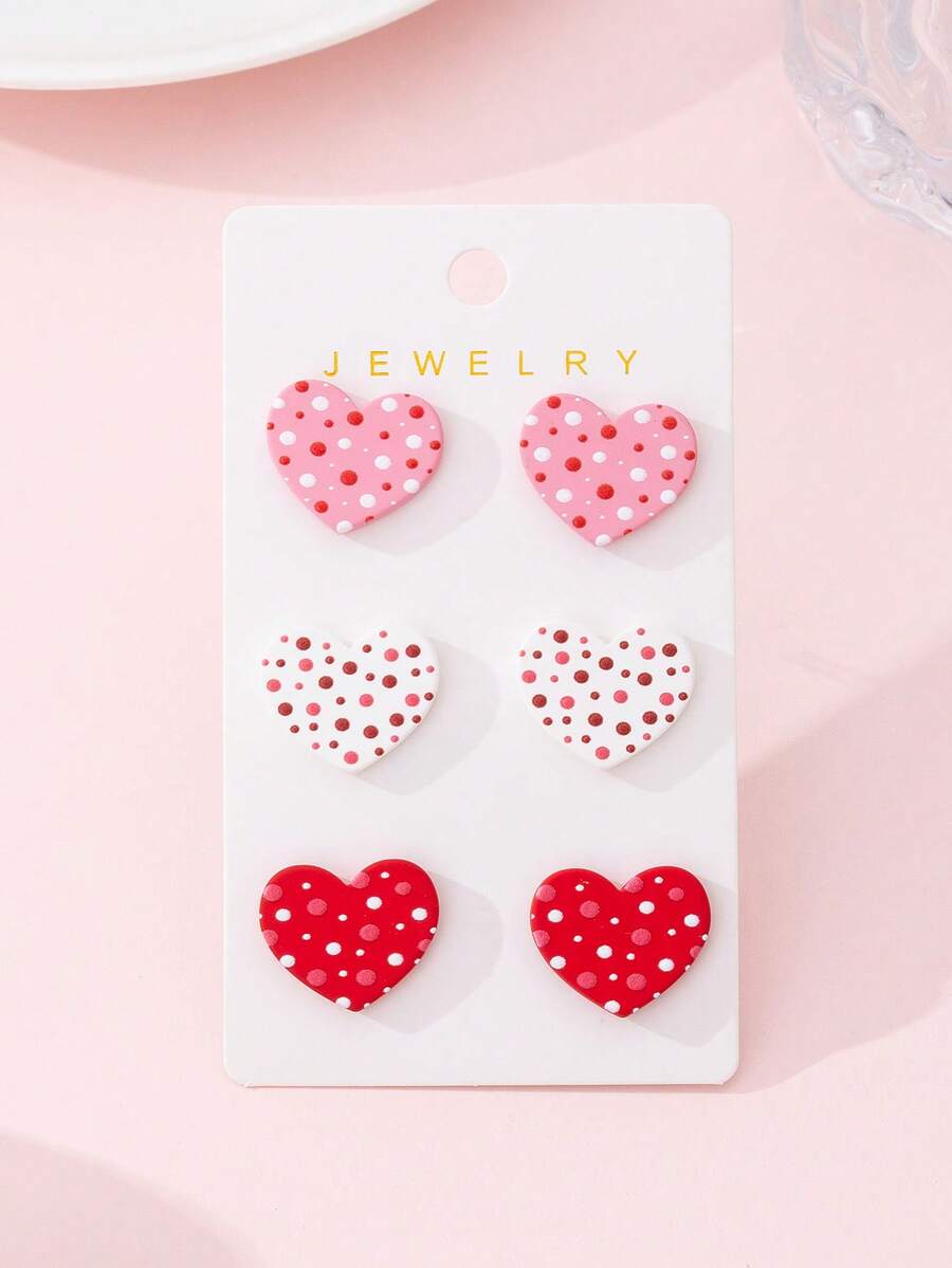 3对/套浪漫心形珐琅仿软陶设计时尚耳钉套装，女士款，情人节和约会的完美礼物 - 彩色 - 查看 1