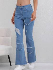 Women's Heart Frayed Ripped Flare Jeans, Medium Wash Blue Denim Y2K Pants - 淺藍色 - 查看 5