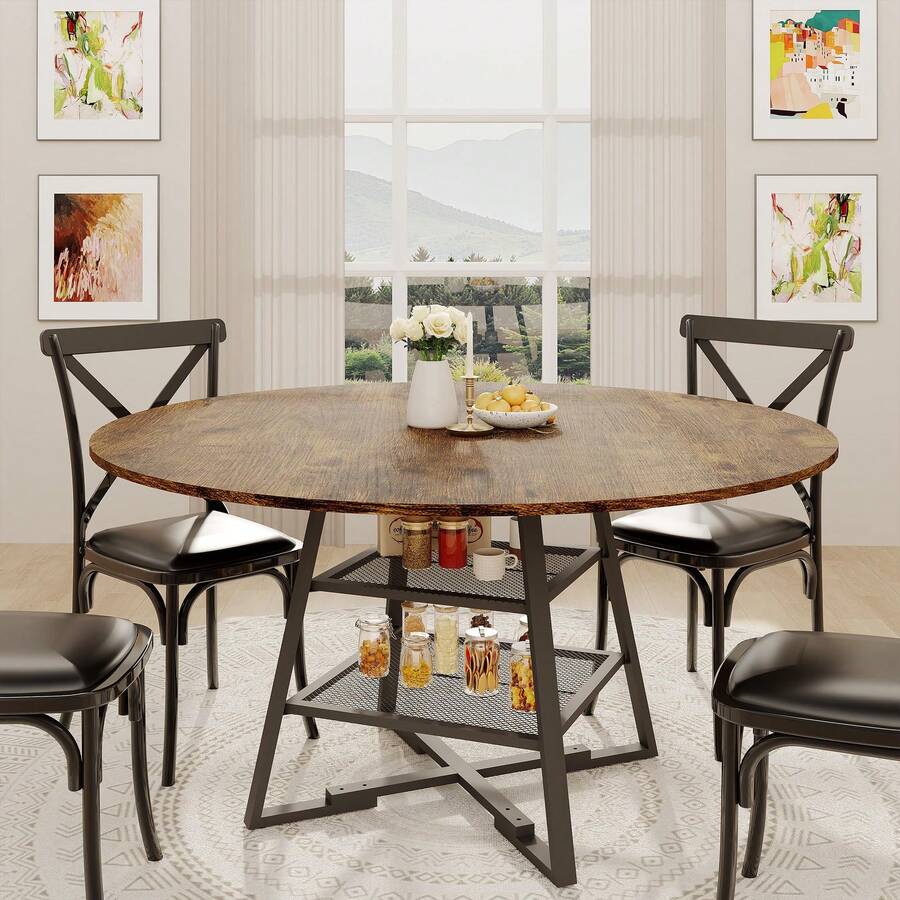 Juego de Mesa Redonda para Comedor de 4 a 6 Personas, Mesa de Comedor Circular con Base de Metal, Mesa Redonda de Madera de, mesas de Cocina de Madera con Estante de - Marrón - 42 pulgadas - Ver 1