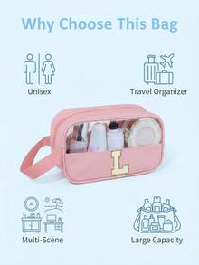 1PC Transparent PVC Toiletry Bag For Makeup Tools Letters Makeup Bag Water-Proof Portable Chenille Letter Zipper Make Up Organizer Minimalist Initial Letter Patch Travel Toiletry Bag For Women For Bathroom Monogram Wash Bag (Letter A~Z) Gift For Mom Beach Bag Beach Essentials Beach Towel Organizer Beach Accessories Beach Stuff Holiday Bag Holiday Essentials For Winter And Fall For Vacation Valentine's Day - Pink - Small - View 4