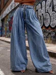 Women Harem Denim Pants Causal High Waist Wide Leg Baggy Solid Color Trousers With Pockets - 藍色 - 查看 3