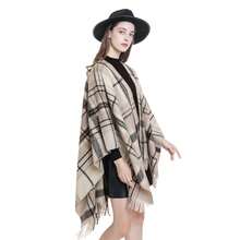 1 Pc Warm Plaid High-End Women'S Tassel Fashion Slit Shawl For Autumn And Winter - 藏青色 - 查看 2