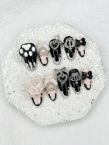 10片Y2K短杏仁形手工按压式美甲，黑色粉色3D蝴蝶结猫爪可爱病娇假指甲翅膀皇冠闪粉美甲用品（1张果冻贴纸+1个指甲锉）