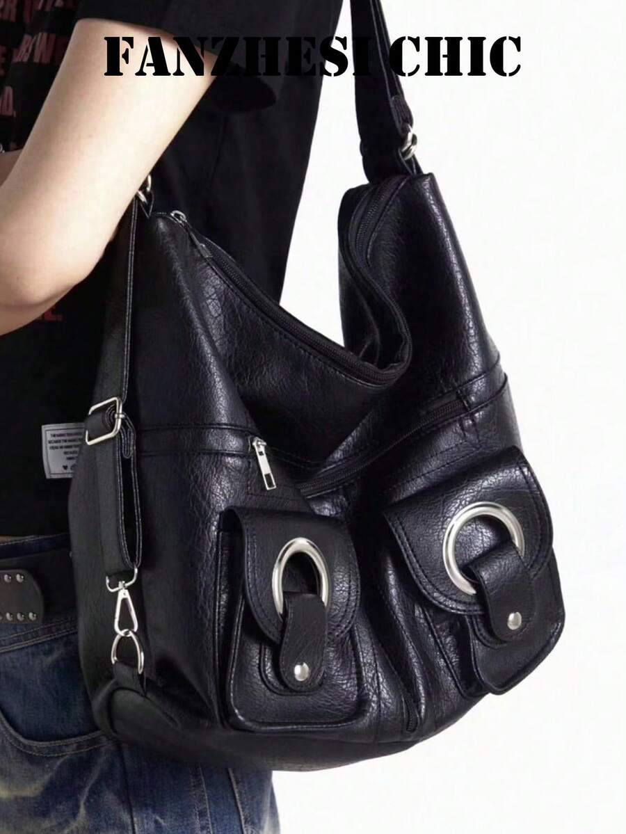 这款时尚简约的大容量女士通勤单肩包采用PU材质，配有镂空铆钉拉链，并附带双肩带和手提带。它适合旅行、通勤和学生使用，既可作为旅行背包，也可作为休闲背包。 - 黑色 - 查看 1
