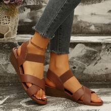 女士坡跟交叉编织休闲凉鞋，时尚百搭女士沙滩度假鞋 - 摩卡棕 - 查看 4