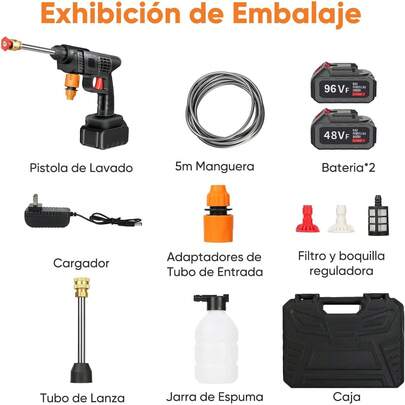 96V Hidrolavadora Inalambrica(2 Batería),Hidrolavadora Portatil con Manguera 5m y 3 Boquillas,Pistola de Lavado de Alta Presión,Lavadora a Presión Portátil para Limpieza de Coches,Vallas,Pisos y Riego
