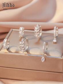 Bộ 6 bông tai tối giản, thời trang, đa năng, đính đá Cubic Zirconia lấp lánh hình hoa, bông tai hình lúa mì, bông tai hình giọt nước, quà tặng trang sức cao cấp. - Bạc - Xem 7