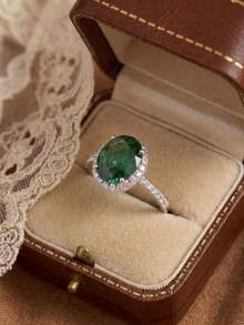 Stylever 1pc 925 Sterling Silver 8*10mm Micro Pave Super Sparkle Ring For Women Stylish Wedding Anniversary Gifts Fine Jewelry Daily Life Dating Decor - Green Stone - View 4