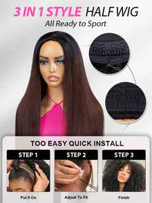 CURLYME Wear & Go Kinky Straight Half Wig 3合1假发，180%密度，14-16英寸波波头，18-28英寸长款，自然黑发根至红棕色渐变，真人发假发，隐形自然发际线，适合新手日常佩戴 - SNATURAL/33 - 查看 7