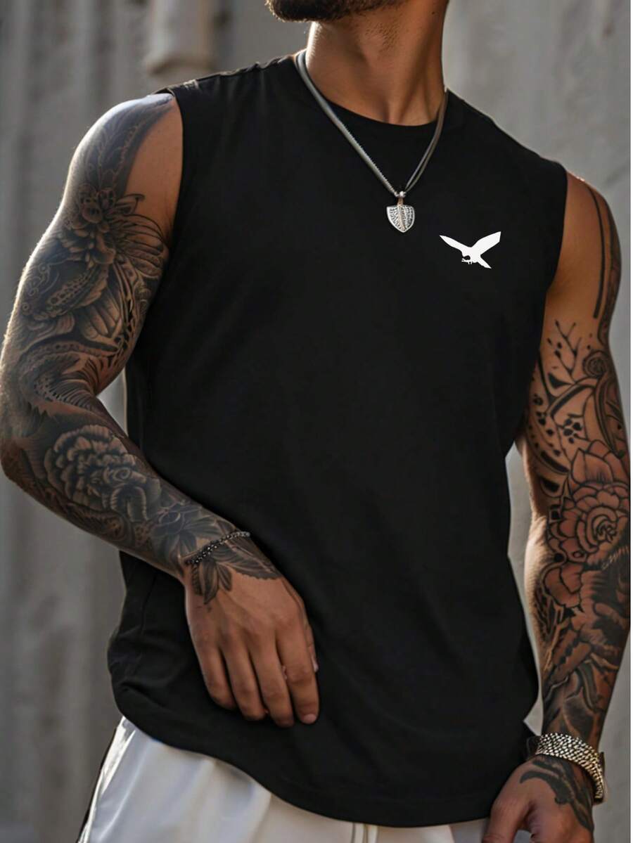 男士时尚简约老鹰图案休闲圆领背心，百搭日常穿着 - 黑色 - 查看 1