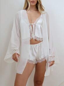 Women Silk Satin Pajama Set Lace Trim V Neck Cami Tops Shorts 2 Piece Y2k Matching Lounge Sleepwear - 白色 - 查看 8