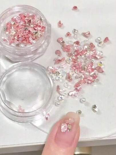 1 Box Asymmetrical DIY Crushed Stone, Pearl, Small Rhinestone Nail Art Decorations, Practical Tools For Daily Nail Decoration, Ins Style