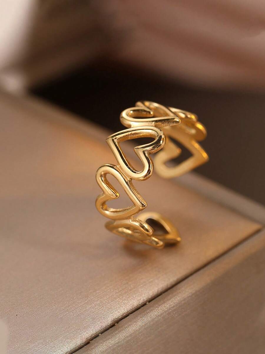 1pc Stainless Steel Hollow Heart Shaped Stackable Ring, Vintage French Style Fashion Niche Design Elegant Jewelry For Daily Wear - Ring - View 1