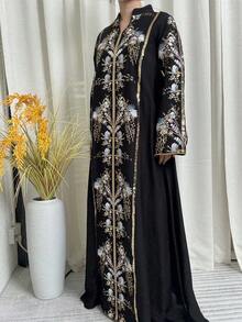 One Piece Sequin Embroidery Women's Abaya Long Dress, Loose Fit Islamic Clothing Dubai Style Abaya Kaftan For Black Vacation - Black - View 5